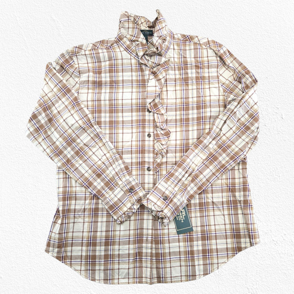Y2K Lauren Jeans Co. Plaid Tan Ruffle Button Up 2000s Western Blouse Size XL - Picture 2 of 12